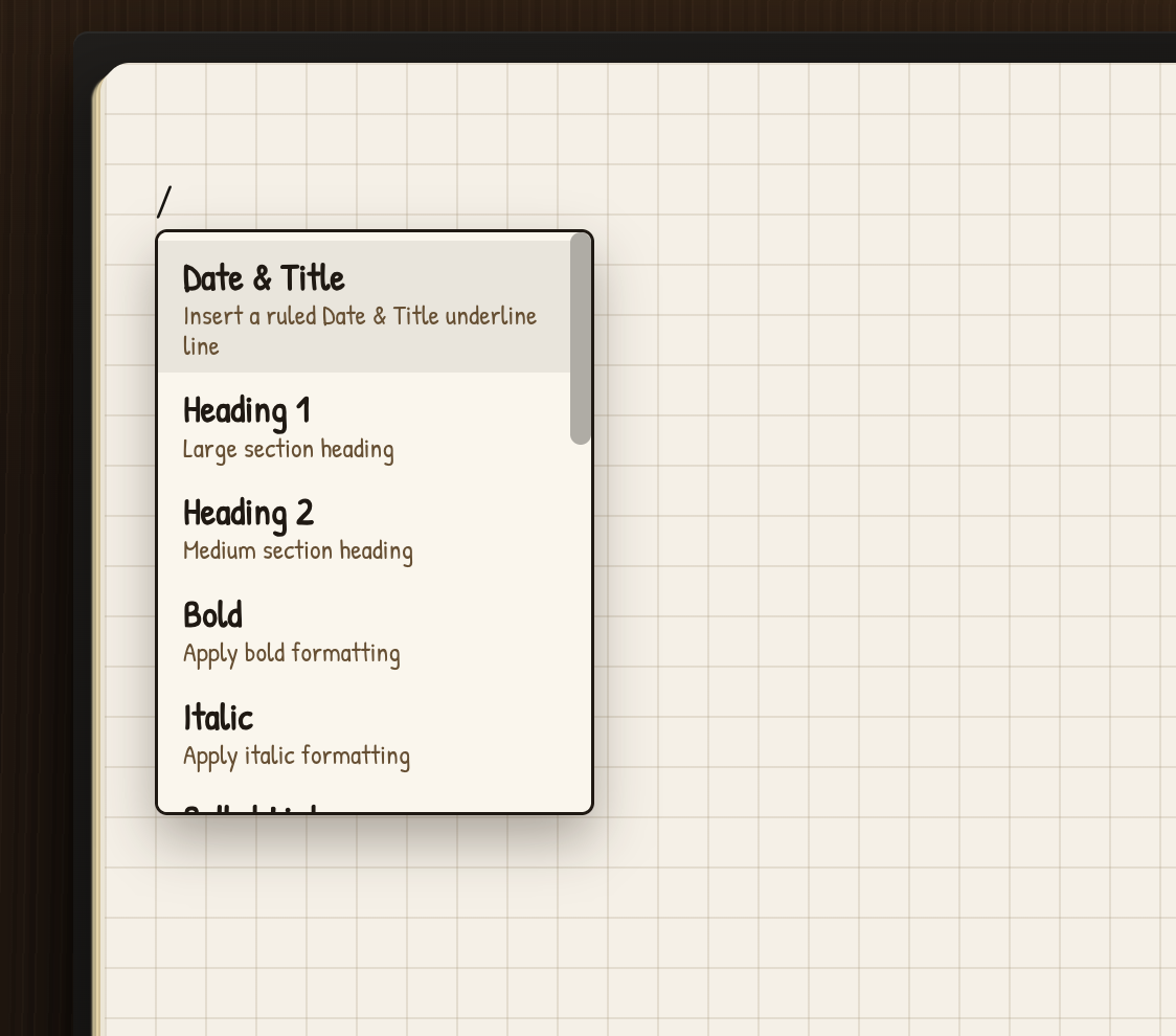 Slash command palette helper menu